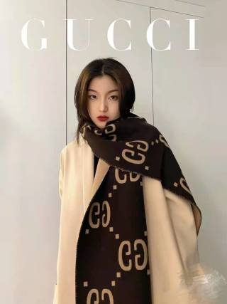 Gucci GG Logo Jacquard Wool Silk Scarf - Beige/Brown view 2