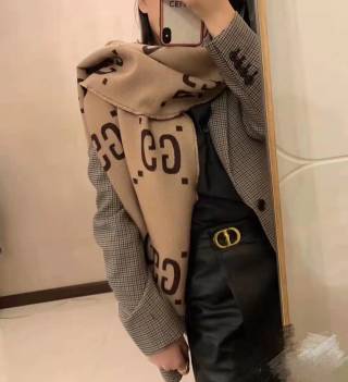 Gucci GG Logo Jacquard Wool Silk Scarf - Beige/Brown view 5
