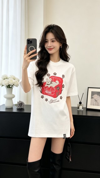 White Graphic T-Shirt with Red Bear and Floral Print
