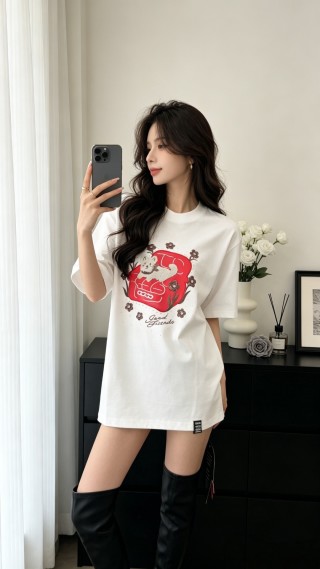 White Graphic T-Shirt with Red Bear and Floral Print view 2