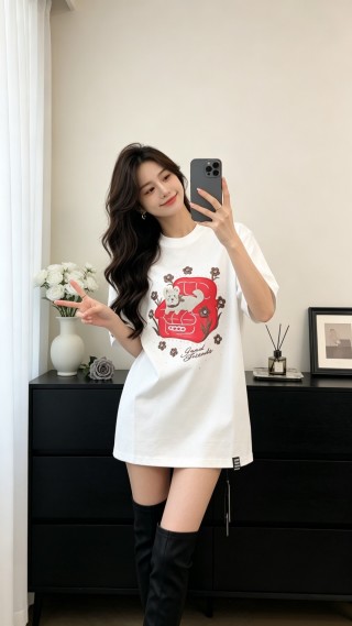 White Graphic T-Shirt with Red Bear and Floral Print view 3
