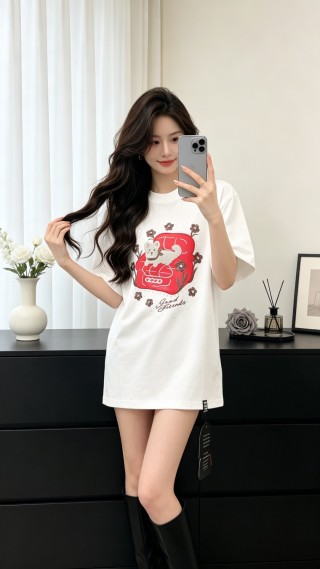 White Graphic T-Shirt with Red Bear and Floral Print view 4