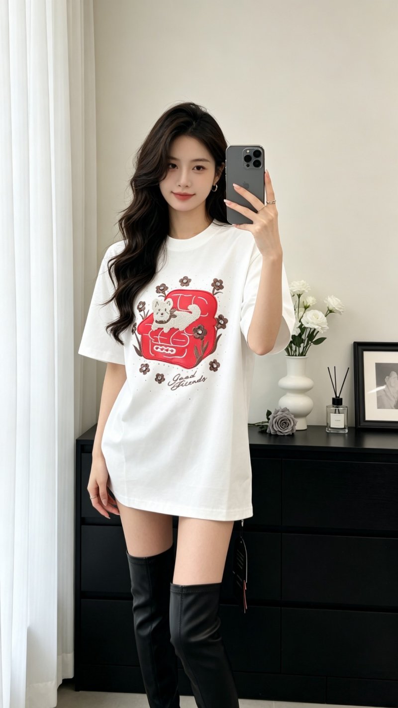 White Graphic T-Shirt with Red Bear and Floral Print view