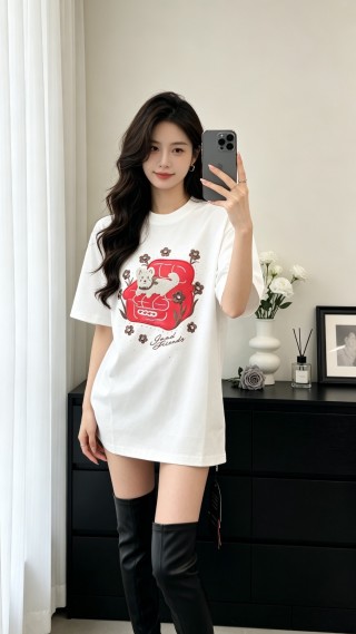White Graphic T-Shirt with Red Bear and Floral Print view 5