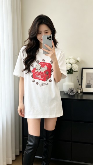 White Graphic T-Shirt with Red Bear and Floral Print view 6