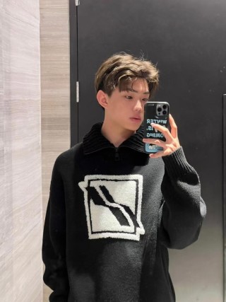 Black Oversized Logo Hoodie with White Embroidered Square Patch view 2