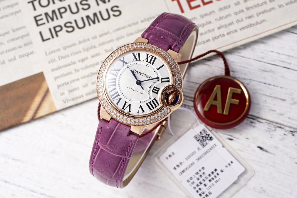 Cartier Ballon Bleu 33mm Rose Gold Diamond Purple Leather Watch