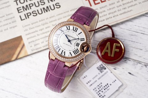 Cartier Ballon Bleu 33mm Rose Gold Diamond Purple Leather Watch