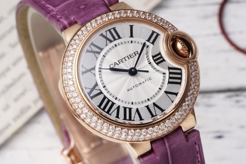 Cartier Ballon Bleu 33mm Rose Gold Diamond Purple Leather Watch view 2