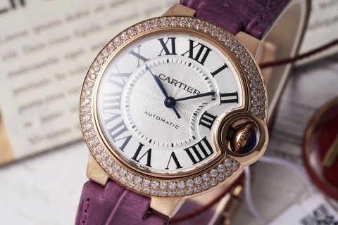 Cartier Ballon Bleu 33mm Rose Gold Diamond Purple Leather Watch view 3