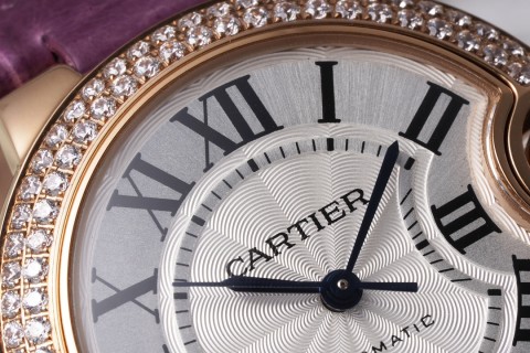 Cartier Ballon Bleu 33mm Rose Gold Diamond Purple Leather Watch view 4