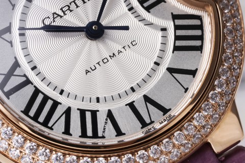 Cartier Ballon Bleu 33mm Rose Gold Diamond Purple Leather Watch view 5
