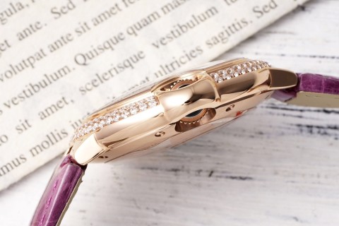 Cartier Ballon Bleu 33mm Rose Gold Diamond Purple Leather Watch view 7