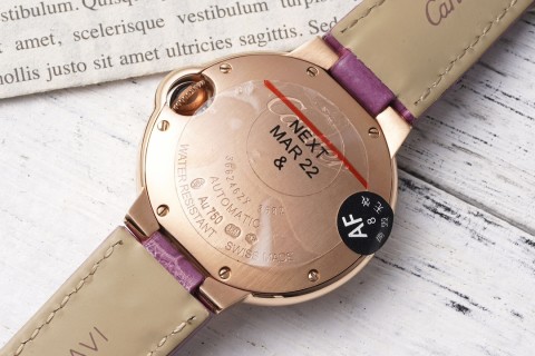 Cartier Ballon Bleu 33mm Rose Gold Diamond Purple Leather Watch view 8