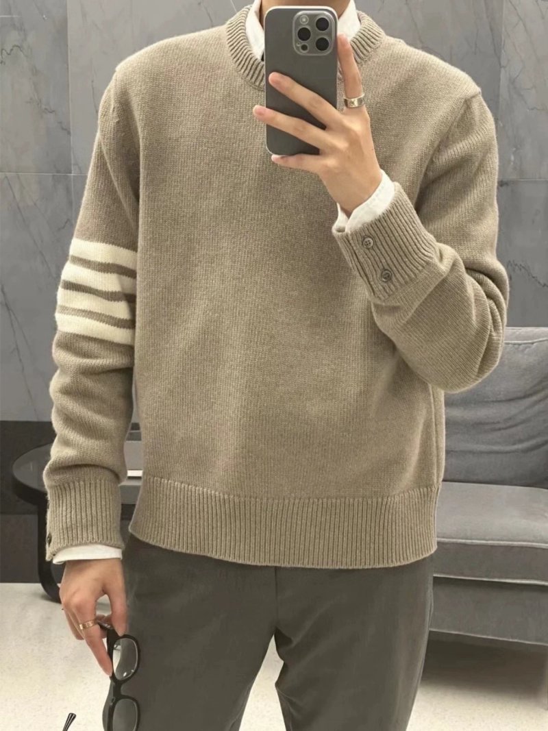 Beige Striped Sleeve Crewneck Sweater