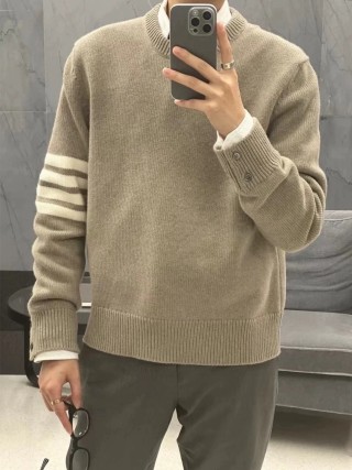 Beige Striped Sleeve Crewneck Sweater