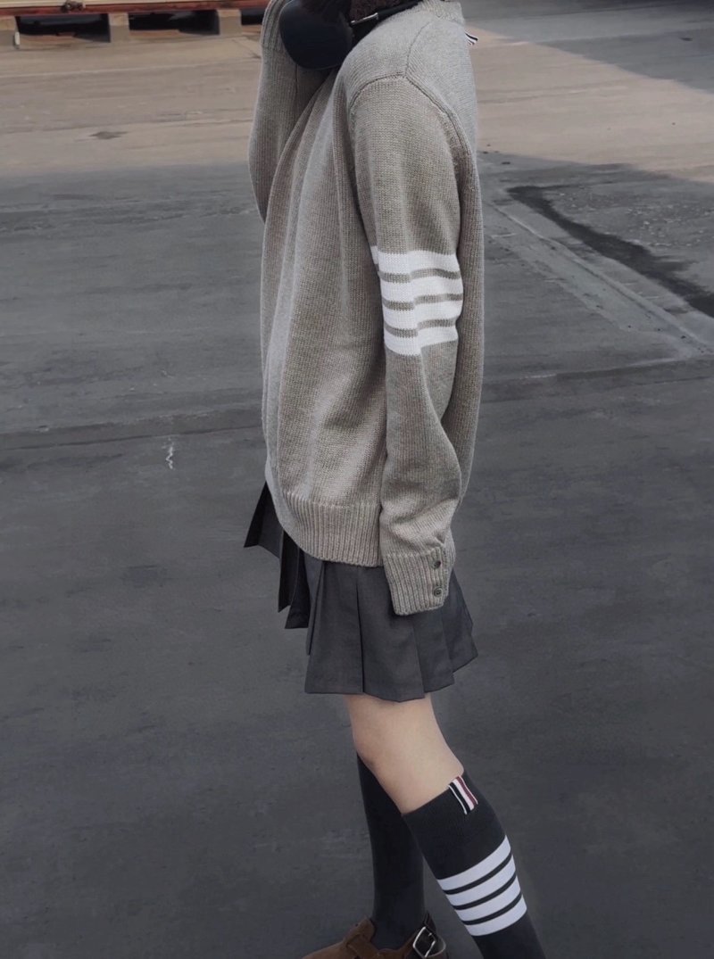 Thom Browne Beige Wool Crew Neck Sweater with Stripe Detail view