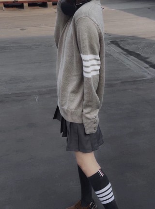 Beige Striped Sleeve Crewneck Sweater view 3