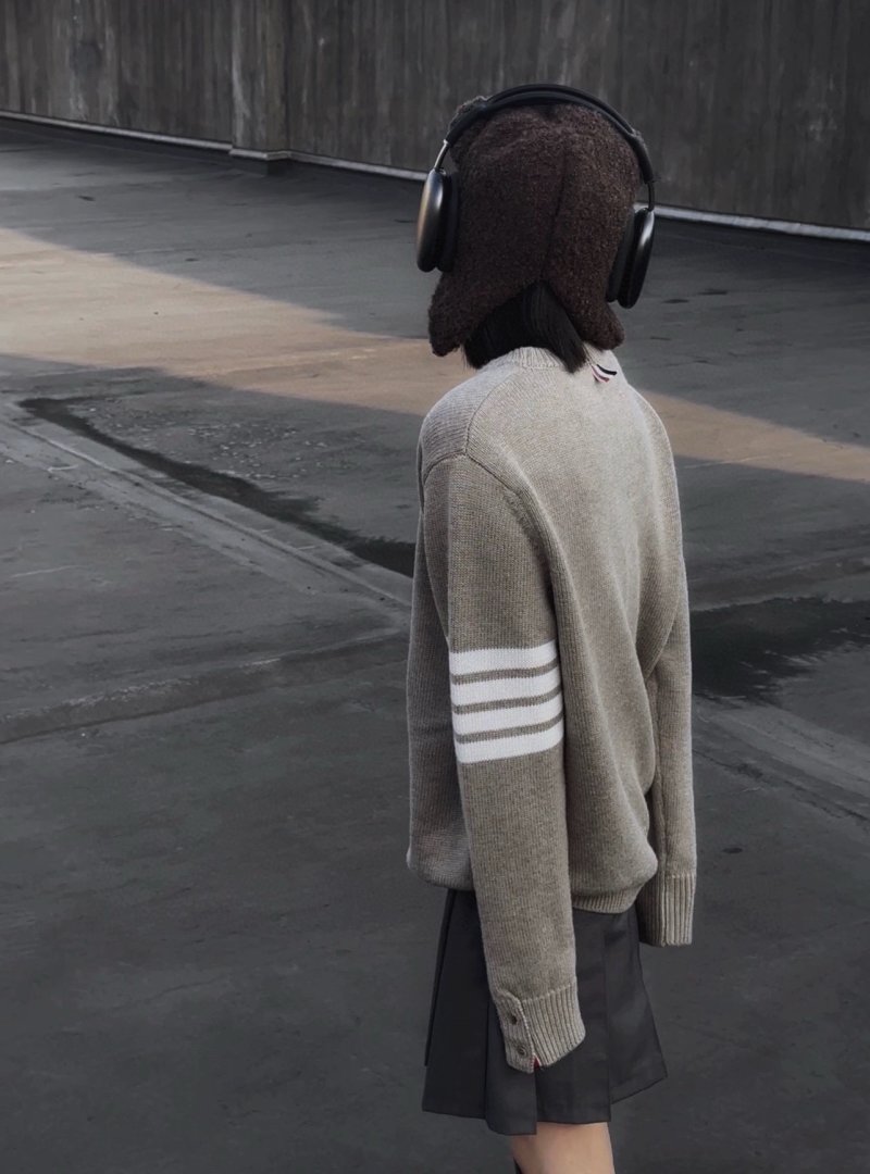 Thom Browne Beige Wool Crew Neck Sweater with Stripe Detail view