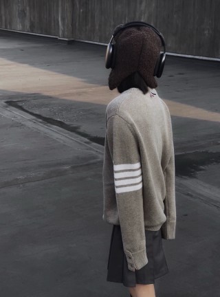 Beige Striped Sleeve Crewneck Sweater view 4