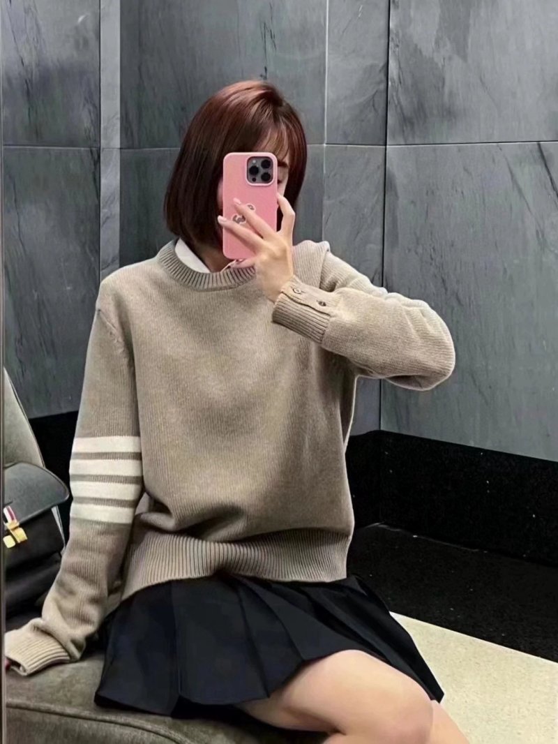 Thom Browne Beige Wool Crew Neck Sweater with Stripe Detail view