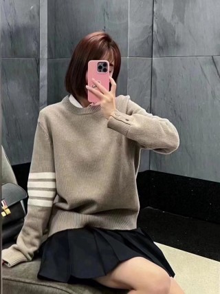 Beige Striped Sleeve Crewneck Sweater view 6