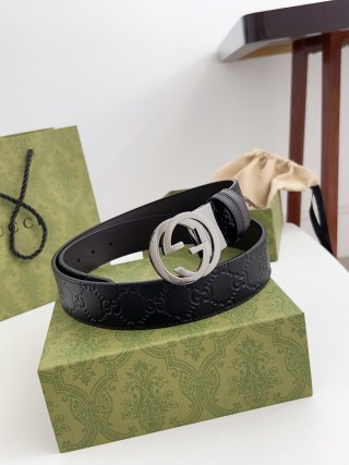 Gucci GG Embossed Leather Belt - Black with Silver Buckle