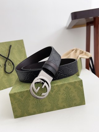 Gucci GG Embossed Leather Belt - Black with Silver Buckle view 2