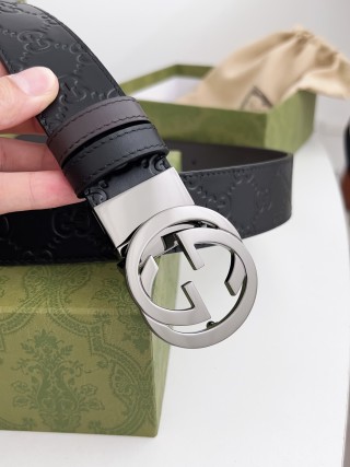 Gucci GG Embossed Leather Belt - Black with Silver Buckle view 3