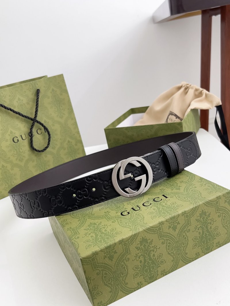 Gucci GG Embossed Leather Belt - Black with Silver Buckle view