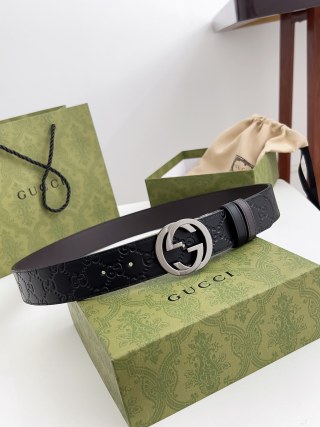 Gucci GG Embossed Leather Belt - Black with Silver Buckle view 7