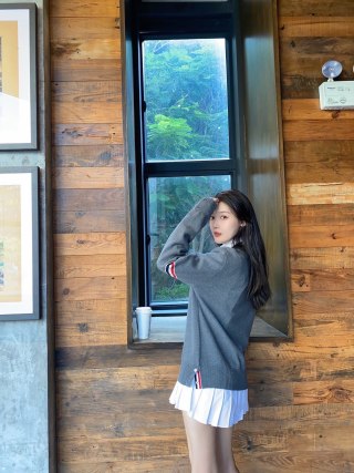 Grey Knit Sweater with White Collar and Striped Cuff view 2