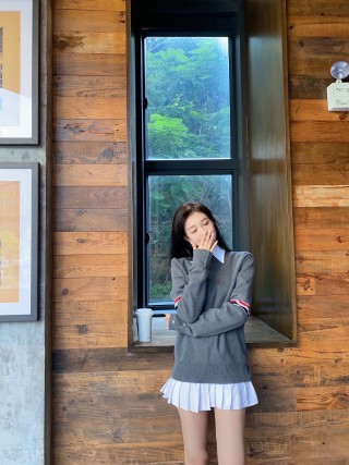 Grey Knit Sweater with White Collar and Striped Cuff view 3