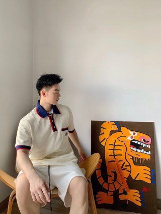 Cream Polo Short Sleeve T-Shirt with Navy & Red Trim view 2