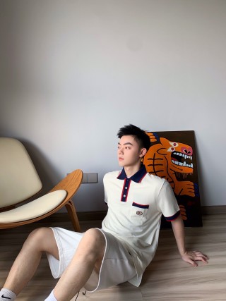Cream Polo Short Sleeve T-Shirt with Navy & Red Trim view 5