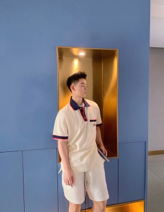 Cream Polo Short Sleeve T-Shirt with Navy & Red Trim view 6