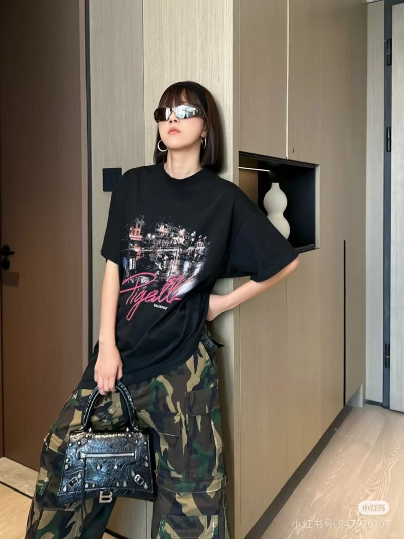 Black Graphic Cityscape T-Shirt with Pink Script Print