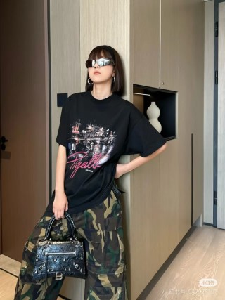Black Graphic Cityscape T-Shirt with Pink Script Print