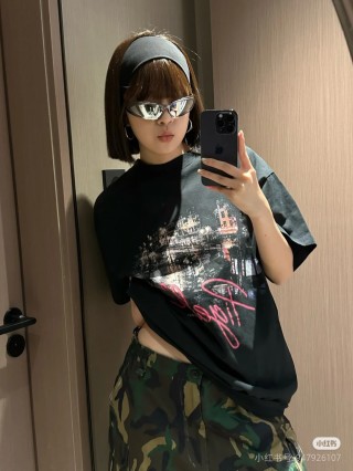 Black Graphic Cityscape T-Shirt with Pink Script Print view 3