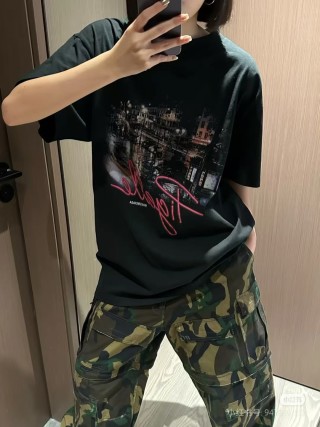 Black Graphic Cityscape T-Shirt with Pink Script Print view 9