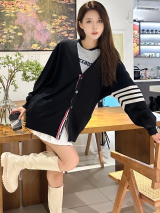 Fendi Black Wool Cardigan with Striped Sleeves