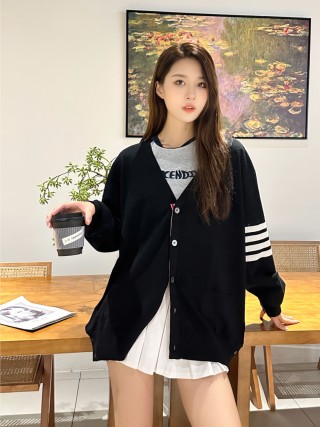 Fendi Black Wool Cardigan with Striped Sleeves view 2