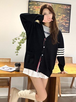 Fendi Black Wool Cardigan with Striped Sleeves view 3