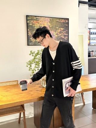 Fendi Black Wool Cardigan with Striped Sleeves view 5