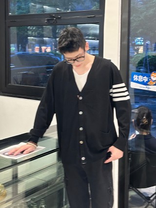 Fendi Black Wool Cardigan with Striped Sleeves view 6