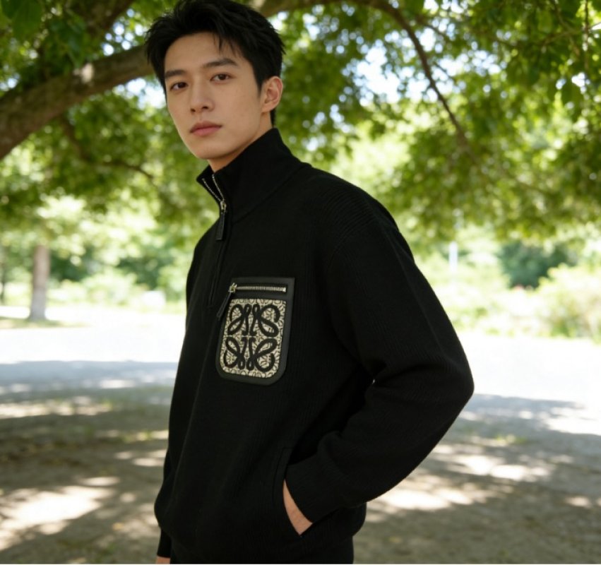 Black Ribbed Zip Cardigan with Geometric Chest Patch