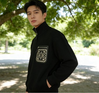 Black Ribbed Zip Cardigan with Geometric Chest Patch