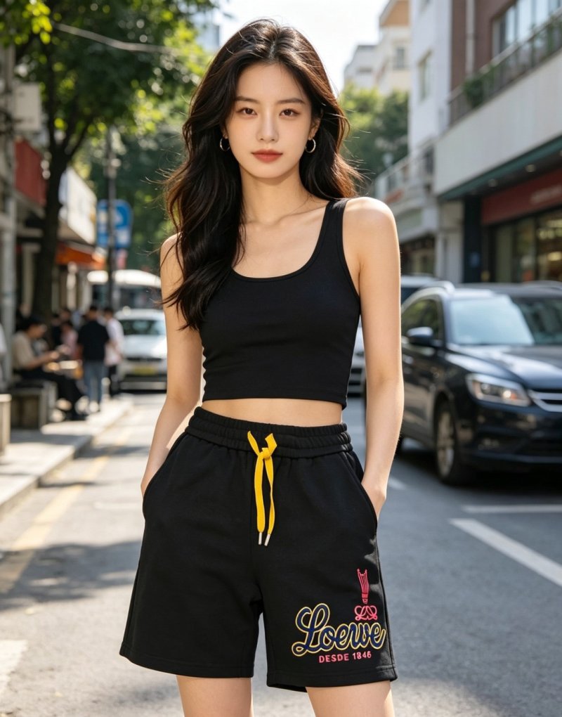 Loewe Black Logo Shorts with Yellow Drawstring