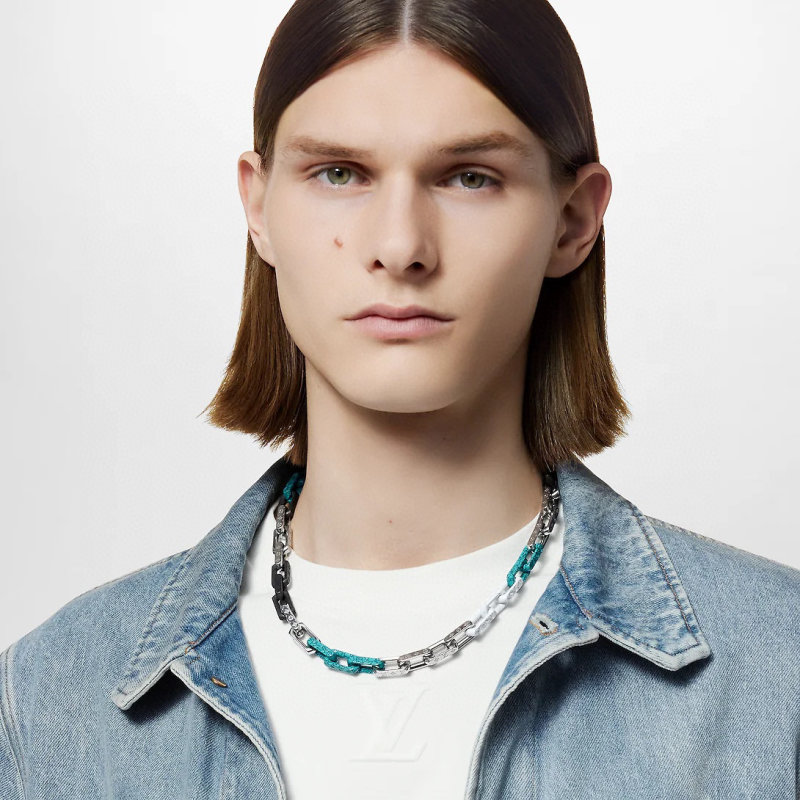 Louis Vuitton Monogram Chain Necklace Silver & Teal