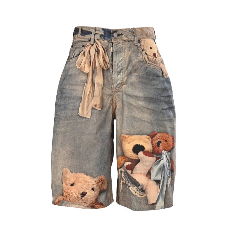 Acne Studios Teddy Bear Print Denim Shorts Blue